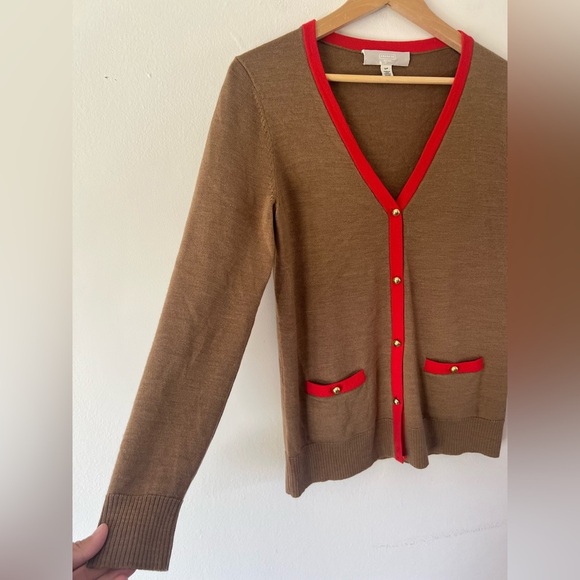 Coach Wool Tan With Red Trim Button-Up V-Neck Knit Cardigan Sweater Size Small - Picture 2 of 8